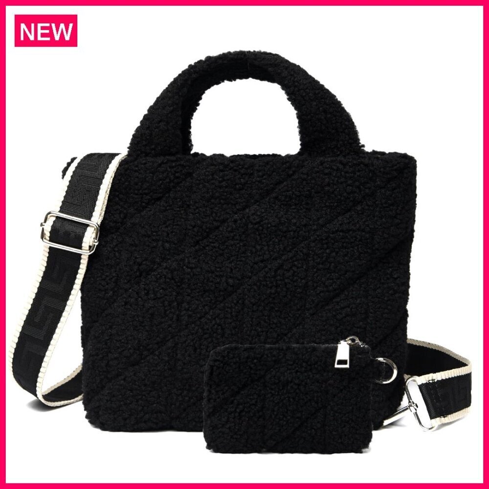 Small Sherpa Tote Bag Quilted Fleece Purse Crossbody Winter Handbag